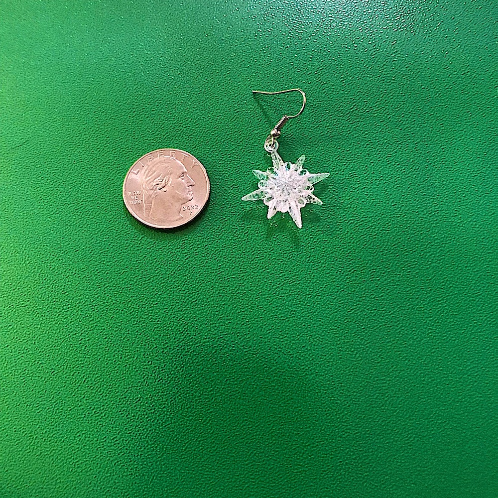 Size compared to a quarter: Snowflake Christmas earrings, glittery.